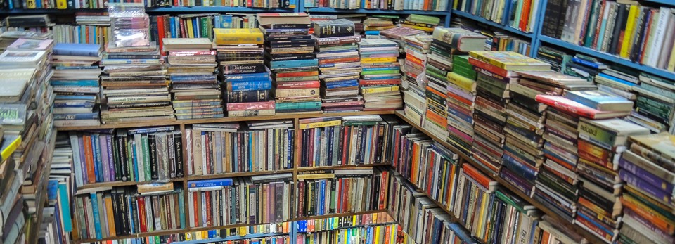 Crowded bookshelves